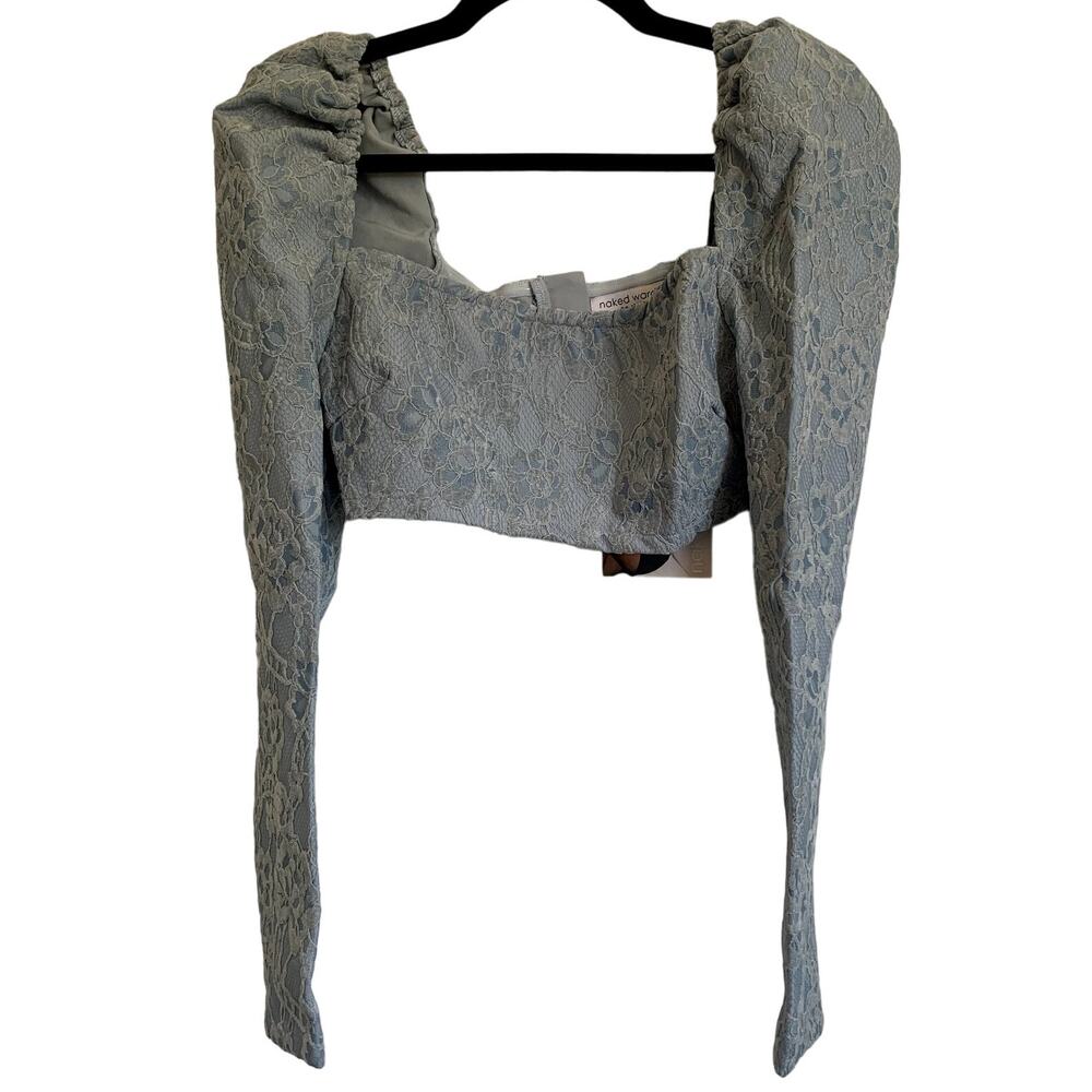 NWT Naked Wardrobe Puff Sleeve Lace Crop Top in Light Blue
